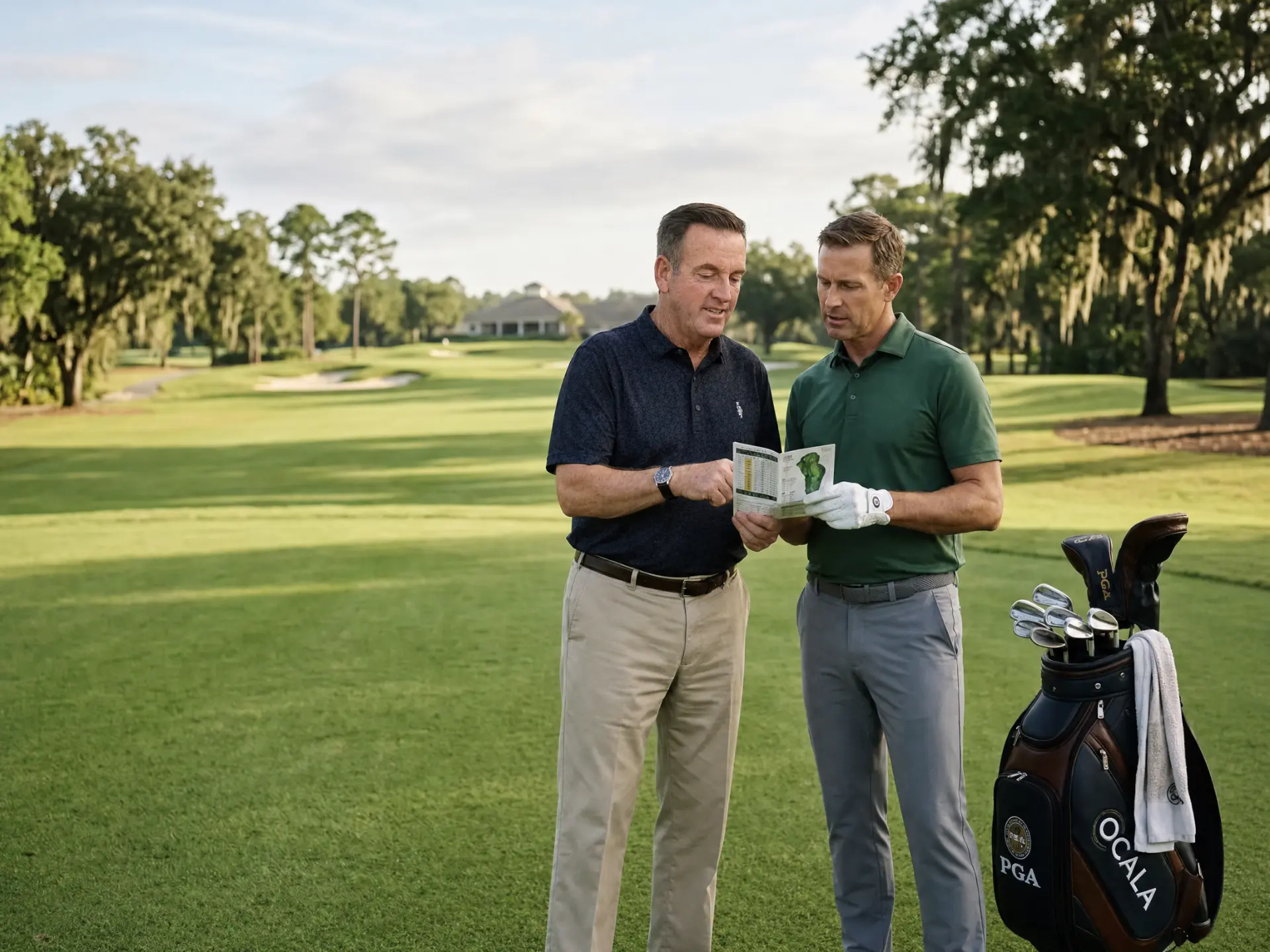Coach Patrick reviewing strategy with a student on the course