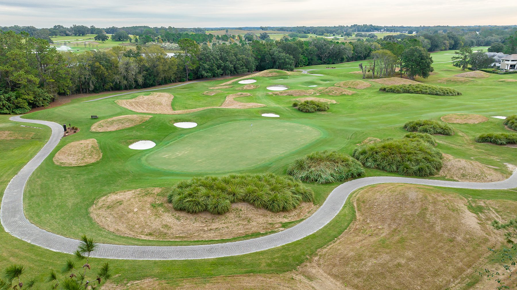 Aerial view of the practice complex and short-game area at Golden Ocala